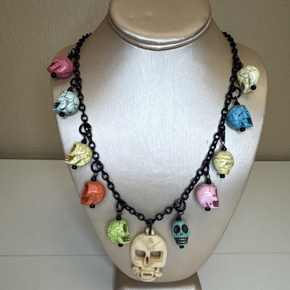 Multi Color Skull Head Necklace ~ Boho ~ Halloween Costume Deco ~ Art Deco